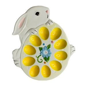 Pier 1 Easter Bunny Rabbit Hand Painted Deviled Egg Tray Plate Platter 12" x 10"